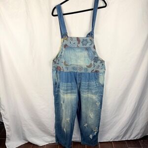 Monthorigin Patchwork Bib Overalls Distressed Large Boho Artsy Floral Lagenlook